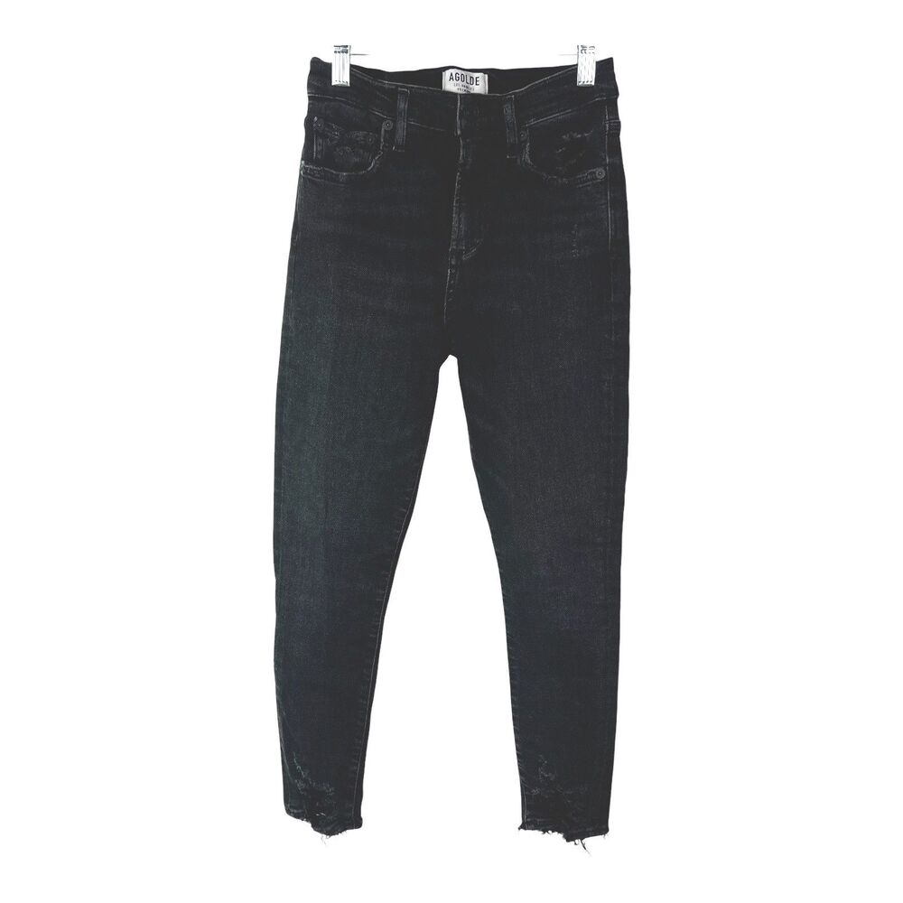 Agolde Sophie High Rise Skinny Crop Black Jeans SZ 26 Distressed Ripped Hem
